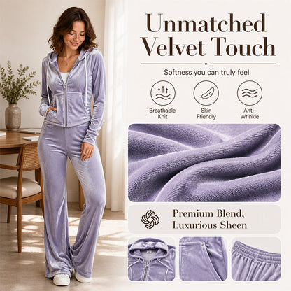 Ensemble femme composé d'un sweat à capuche zippé en velours et d'un pantalon évasé