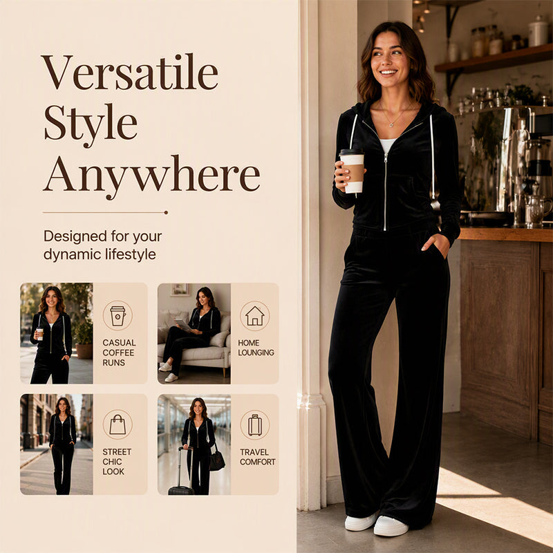 Ensemble femme composé d'un sweat à capuche zippé en velours et d'un pantalon évasé