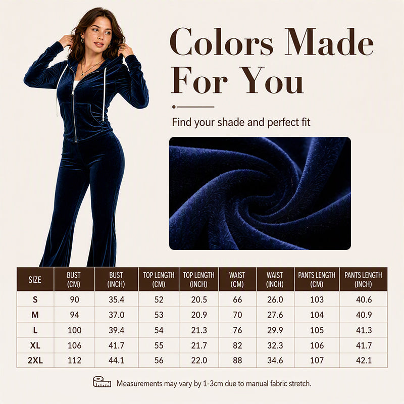 Ensemble femme composé d'un sweat à capuche zippé en velours et d'un pantalon évasé