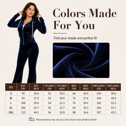 Ensemble femme composé d'un sweat à capuche zippé en velours et d'un pantalon évasé