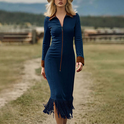 Robe midi à manches longues et ourlet à franges pour femme