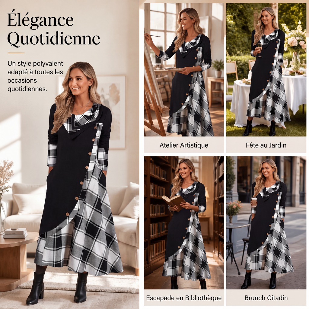 Robe longue pour femme à col cheminée et patchwork à carreaux