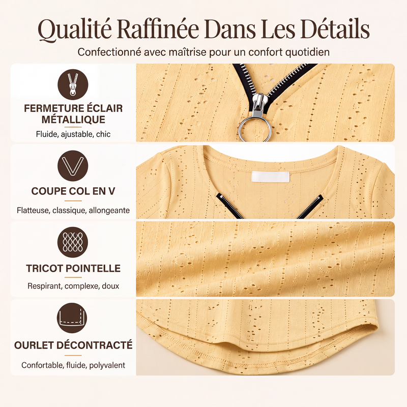 Haut à manches longues et col V avec fermeture éclair pour femme