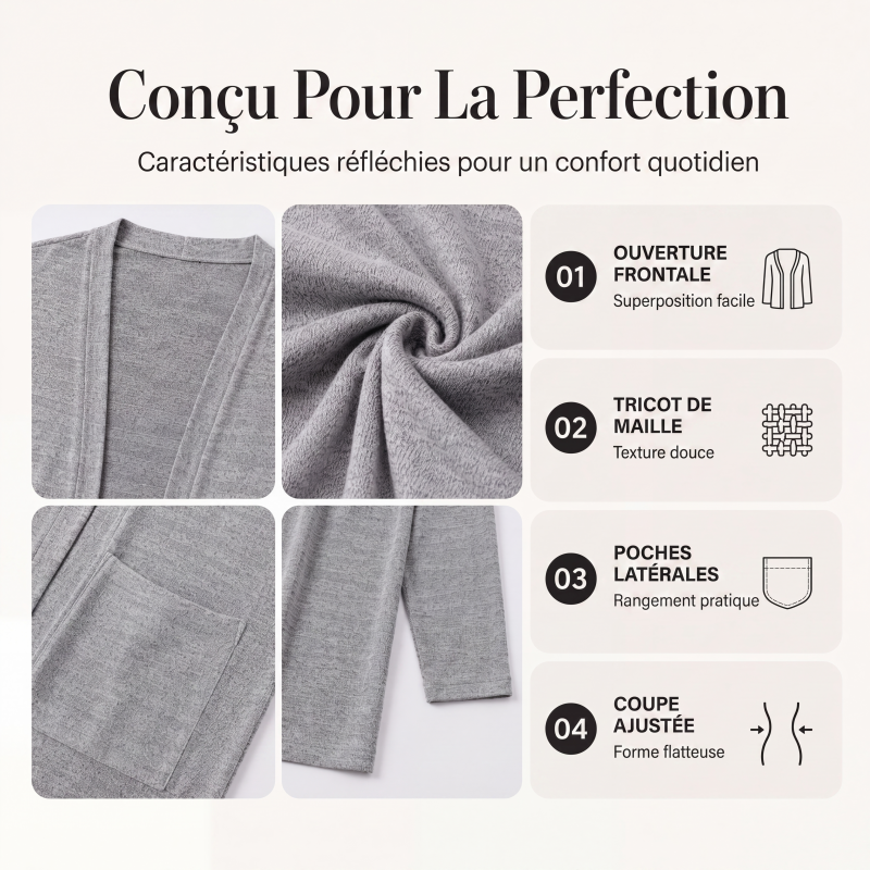 Cardigan décontracté pour femme, ouvert devant, avec poches