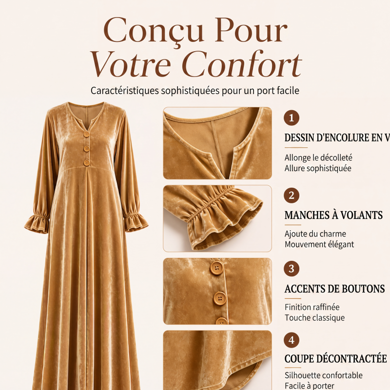 Robe longue élégante pour femme en velours à manches volantées