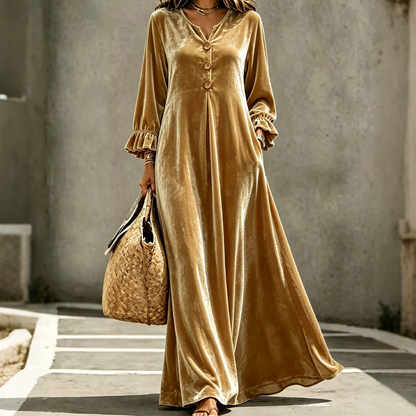 Robe longue élégante pour femme en velours à manches volantées