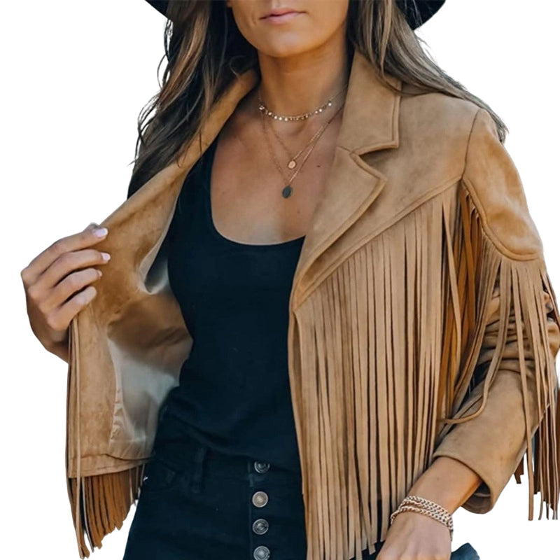 Veste décontractée à manches longues et à franges pour femme