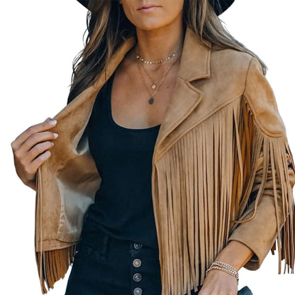 Veste décontractée à manches longues et à franges pour femme