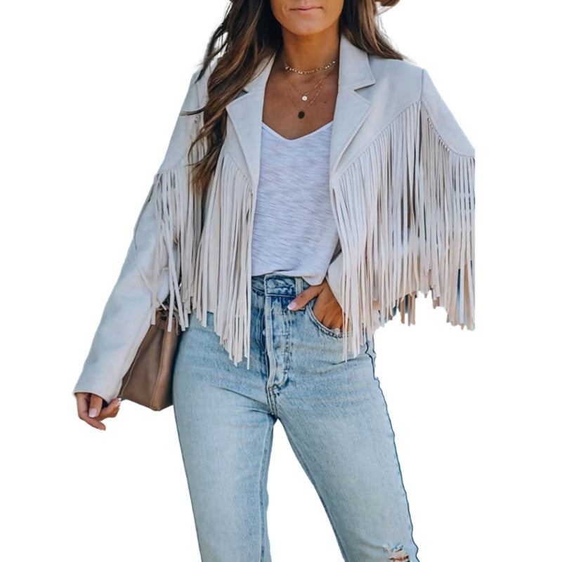 Veste décontractée à manches longues et à franges pour femme