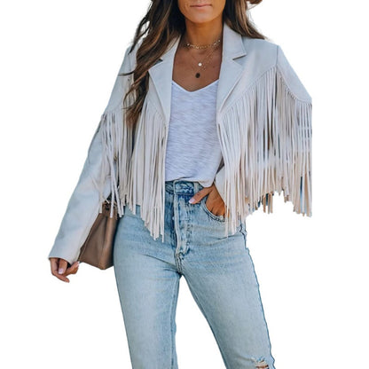 Veste décontractée à manches longues et à franges pour femme