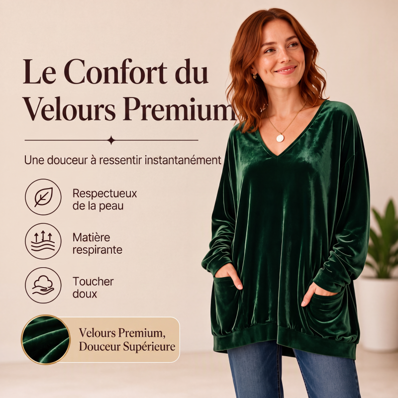 Haut en velours à col V pour femme, manches longues