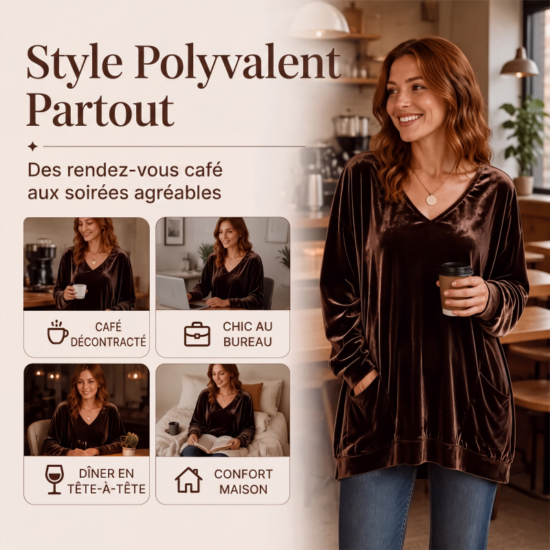 Haut en velours à col V pour femme, manches longues