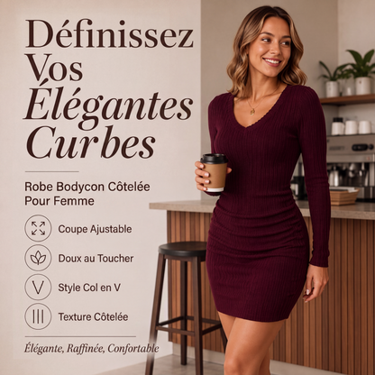 Robe en maille côtelée à col V chic pour femme