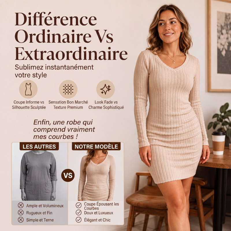 Robe en maille côtelée à col V chic pour femme