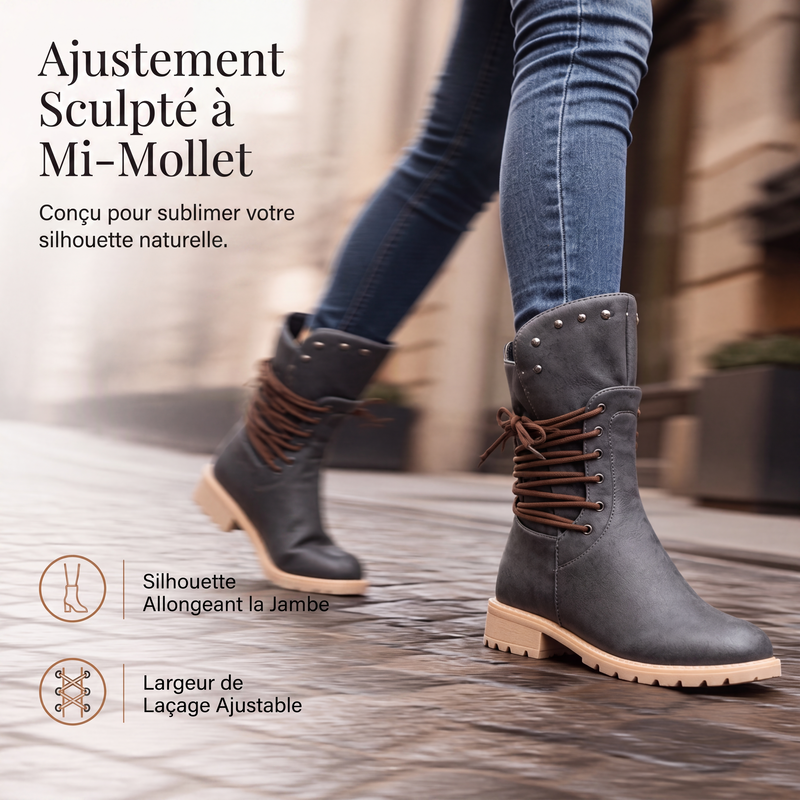 Bottines à lacets pour femme à talon bas et bout rond