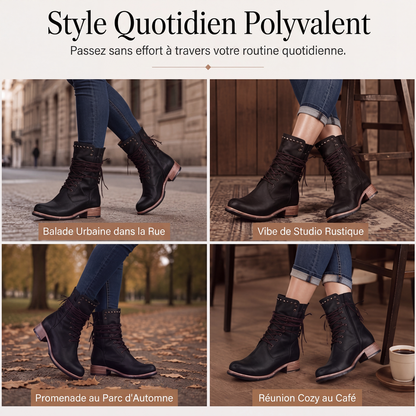 Bottines à lacets pour femme à talon bas et bout rond