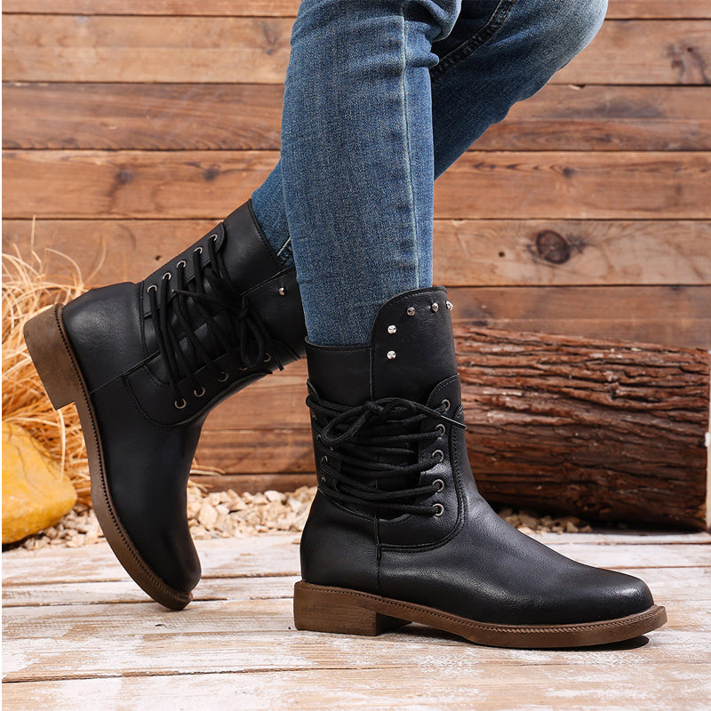 Bottines à lacets pour femme à talon bas et bout rond