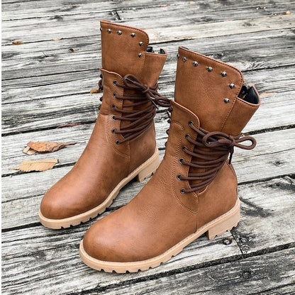 Bottines à lacets pour femme à talon bas et bout rond