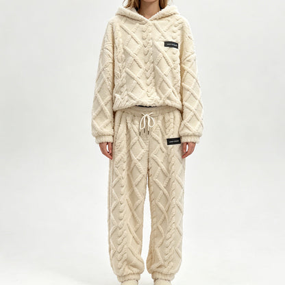 Ensemble sweat à capuche en maille torsadée pelucheuse et pantalon pour femme