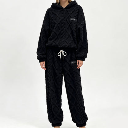 Ensemble sweat à capuche en maille torsadée pelucheuse et pantalon pour femme