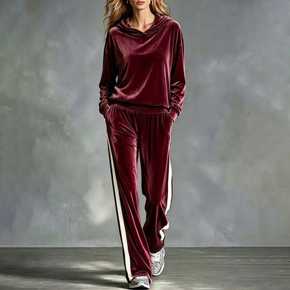 Ensemble sweat à capuche en velours et pantalon rayé pour femme