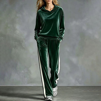 Ensemble sweat à capuche en velours et pantalon rayé pour femme
