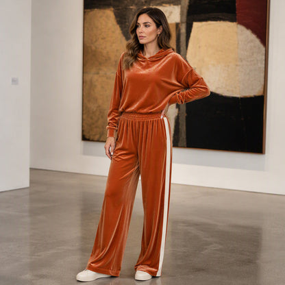 Ensemble sweat à capuche en velours et pantalon rayé pour femme
