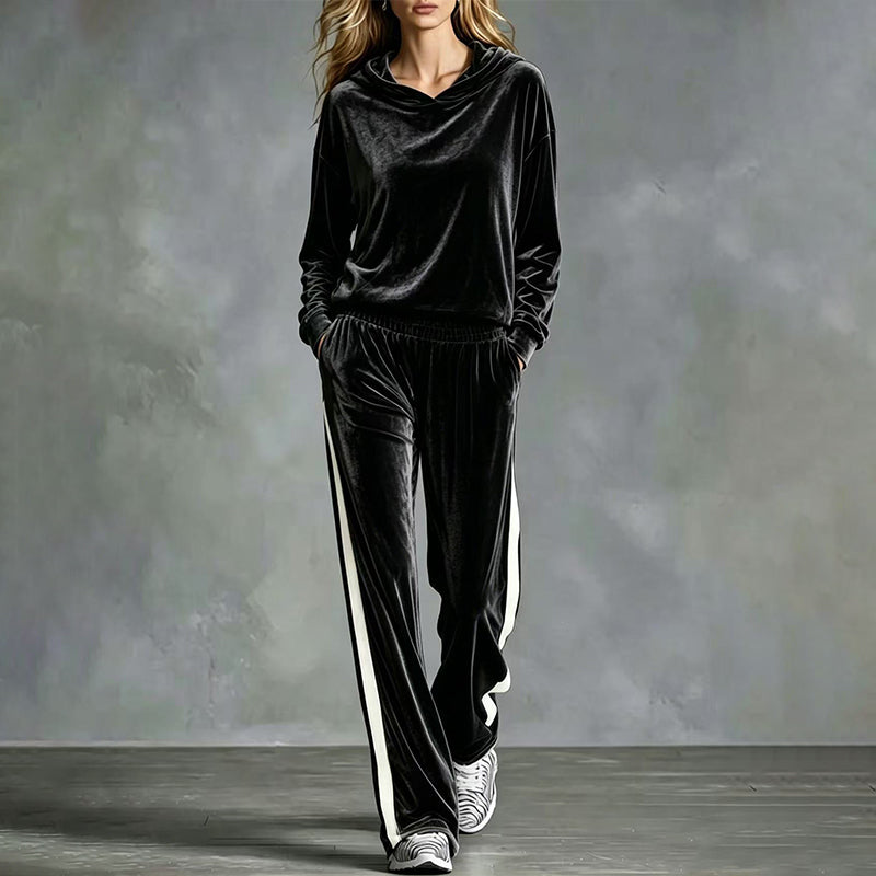 Ensemble sweat à capuche en velours et pantalon rayé pour femme