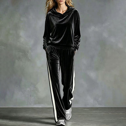 Ensemble sweat à capuche en velours et pantalon rayé pour femme