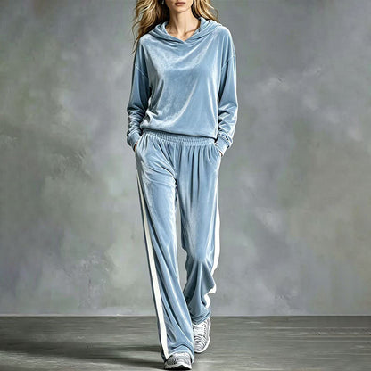 Ensemble sweat à capuche en velours et pantalon rayé pour femme