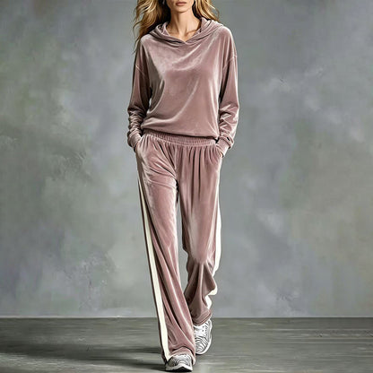 Ensemble sweat à capuche en velours et pantalon rayé pour femme