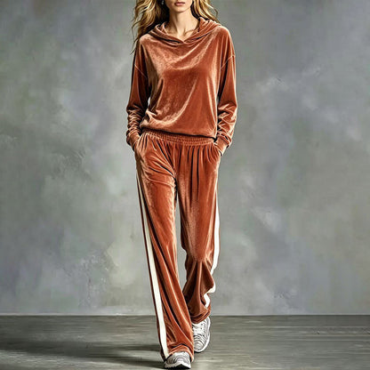 Ensemble sweat à capuche en velours et pantalon rayé pour femme