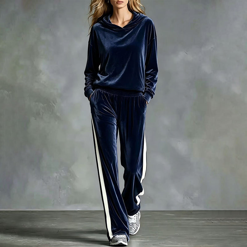 Ensemble sweat à capuche en velours et pantalon rayé pour femme