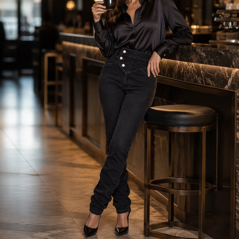 Jeans asymétriques croisés taille haute pour femme