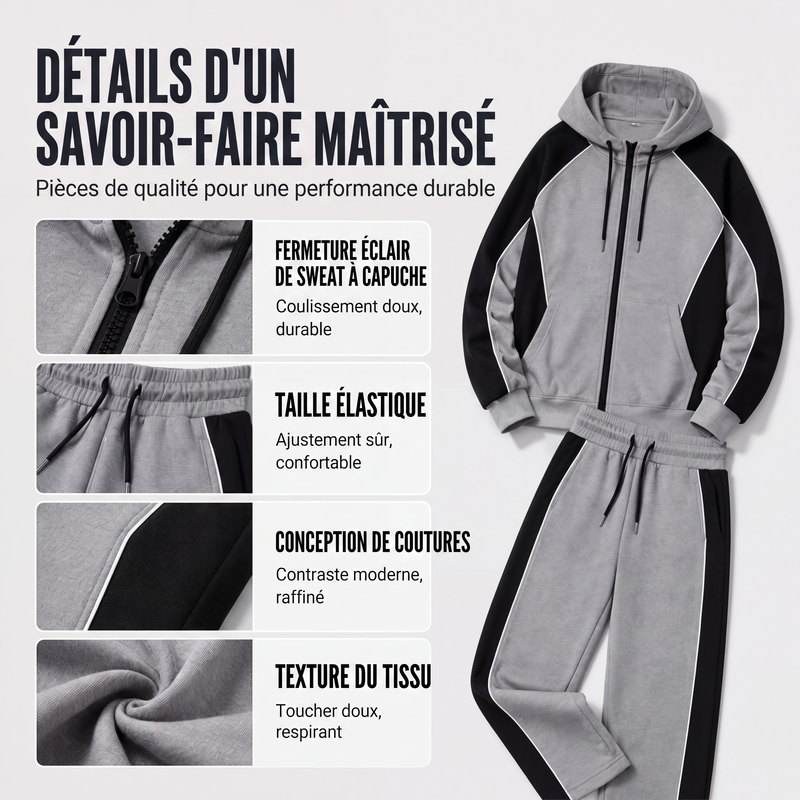 Ensemble sweat à capuche zippé à blocs de couleurs et pantalon de survêtement pour homme