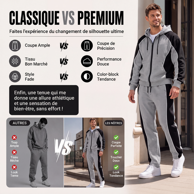 Ensemble sweat à capuche zippé à blocs de couleurs et pantalon de survêtement pour homme