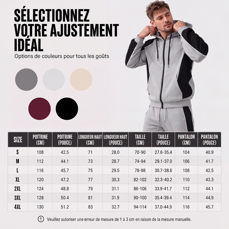 Ensemble sweat à capuche zippé à blocs de couleurs et pantalon de survêtement pour homme