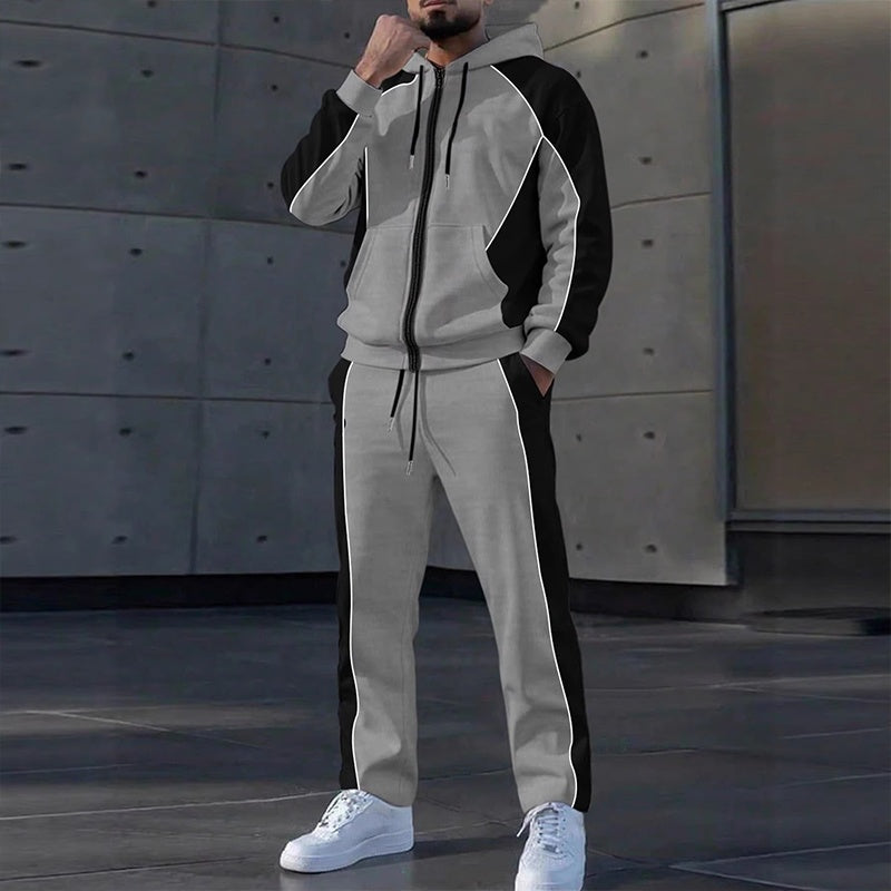 Ensemble sweat à capuche zippé à blocs de couleurs et pantalon de survêtement pour homme