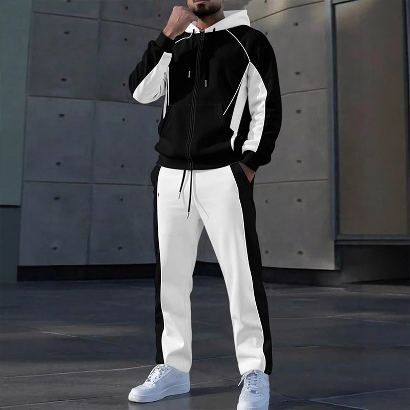 Ensemble sweat à capuche zippé à blocs de couleurs et pantalon de survêtement pour homme