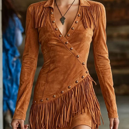 Robe longue à manches longues et franges pour femme, coupe ajustée