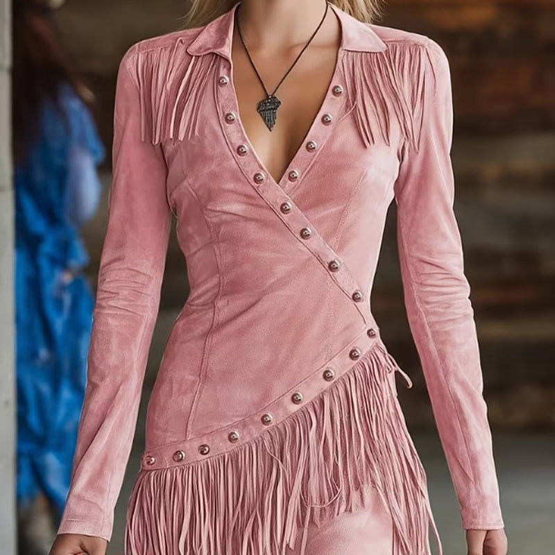 Robe longue à manches longues et franges pour femme, coupe ajustée