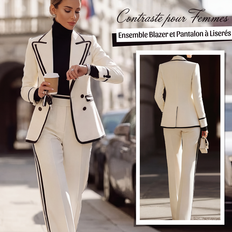 ⌛Offre à durée limitée - Ensemble blazer et pantalon pour femme avec bordures contrastées