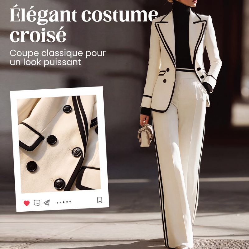 ⌛Offre à durée limitée - Ensemble blazer et pantalon pour femme avec bordures contrastées