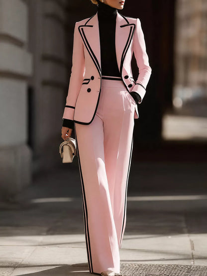 ⌛Offre à durée limitée - Ensemble blazer et pantalon pour femme avec bordures contrastées