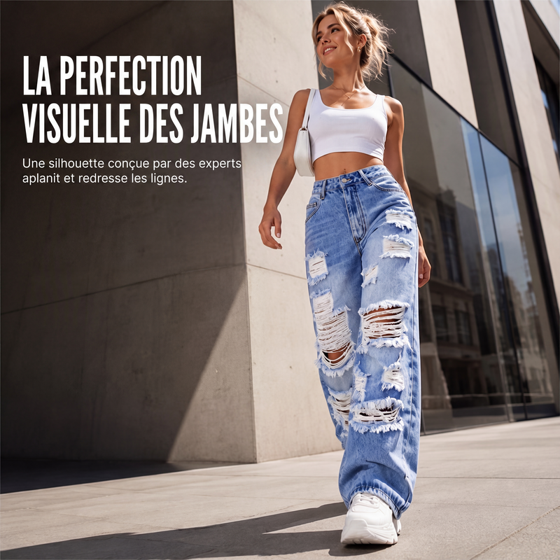 Jean large déchiré pour femme, pantalon en denim taille haute usé