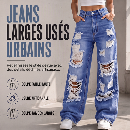 Jean large déchiré pour femme, pantalon en denim taille haute usé