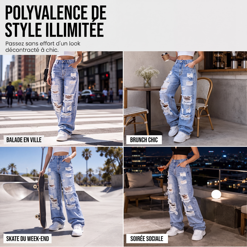 Jean large déchiré pour femme, pantalon en denim taille haute usé