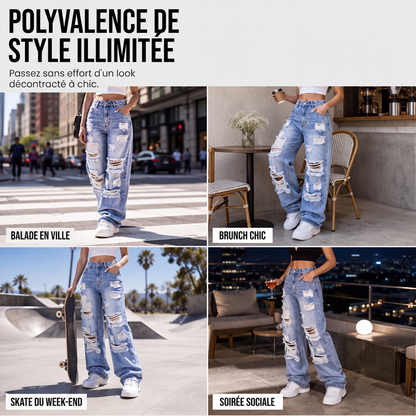 Jean large déchiré pour femme, pantalon en denim taille haute usé
