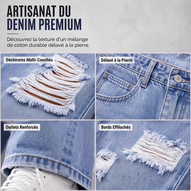 Jean large déchiré pour femme, pantalon en denim taille haute usé