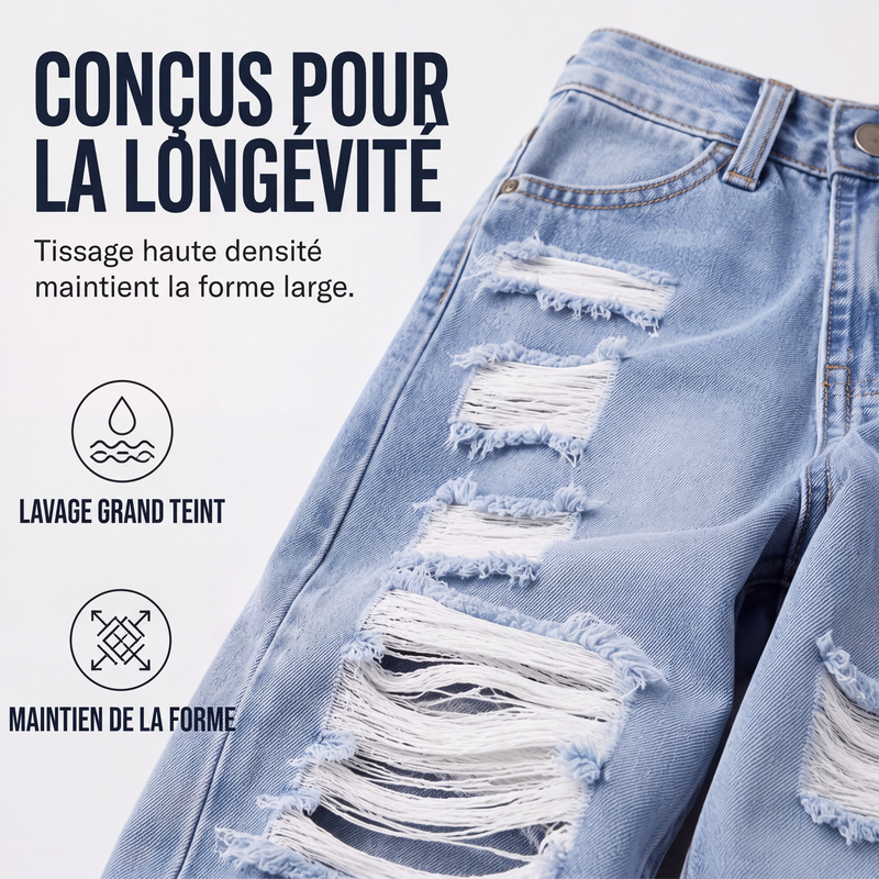 Jean large déchiré pour femme, pantalon en denim taille haute usé